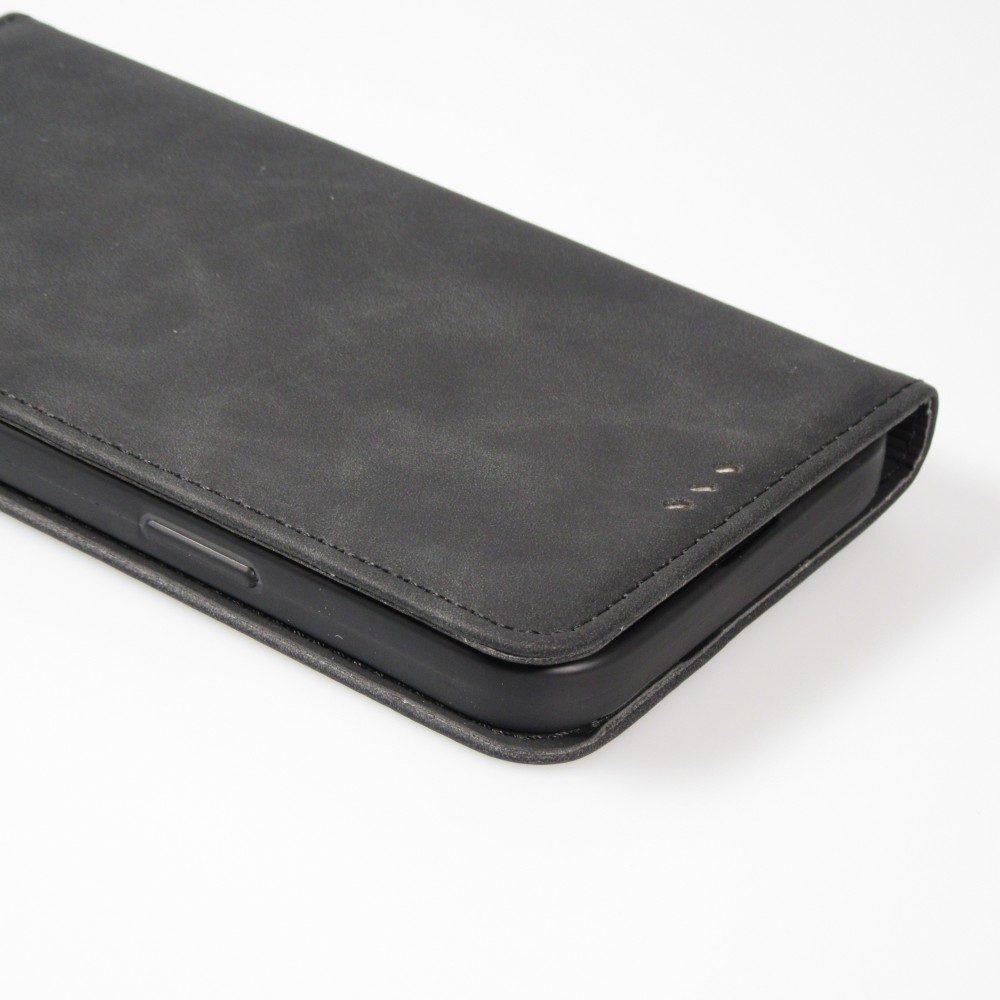 Etui cuir iPhone 13 - Flip Wallet vintage avec fermeture aimantée et compartiment cartes - Noir