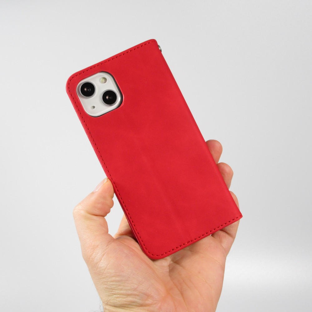 Etui cuir iPhone 13 - Flip Wallet vintage avec fermeture aimantée et compartiment cartes - Rouge