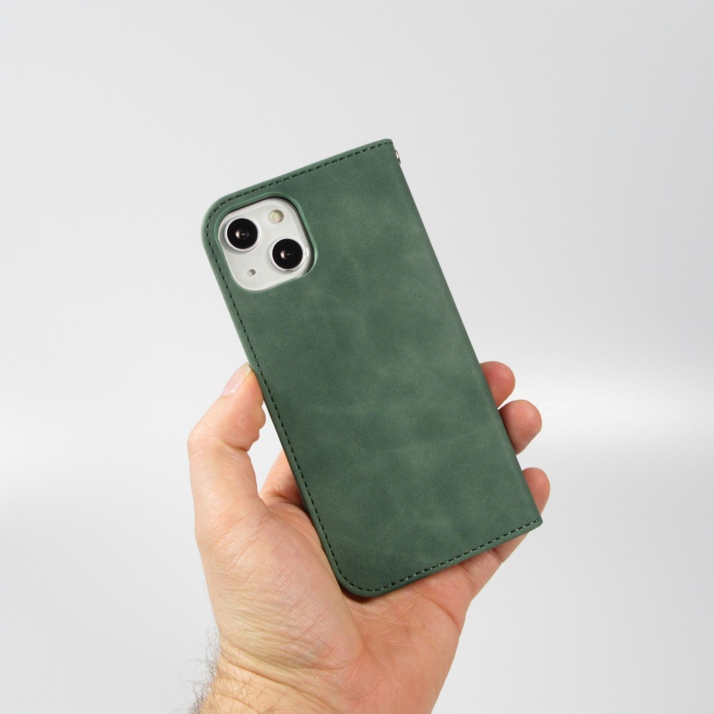 Etui cuir iPhone 13 - Flip Wallet vintage avec fermeture aimantée et compartiment cartes - Vert foncé