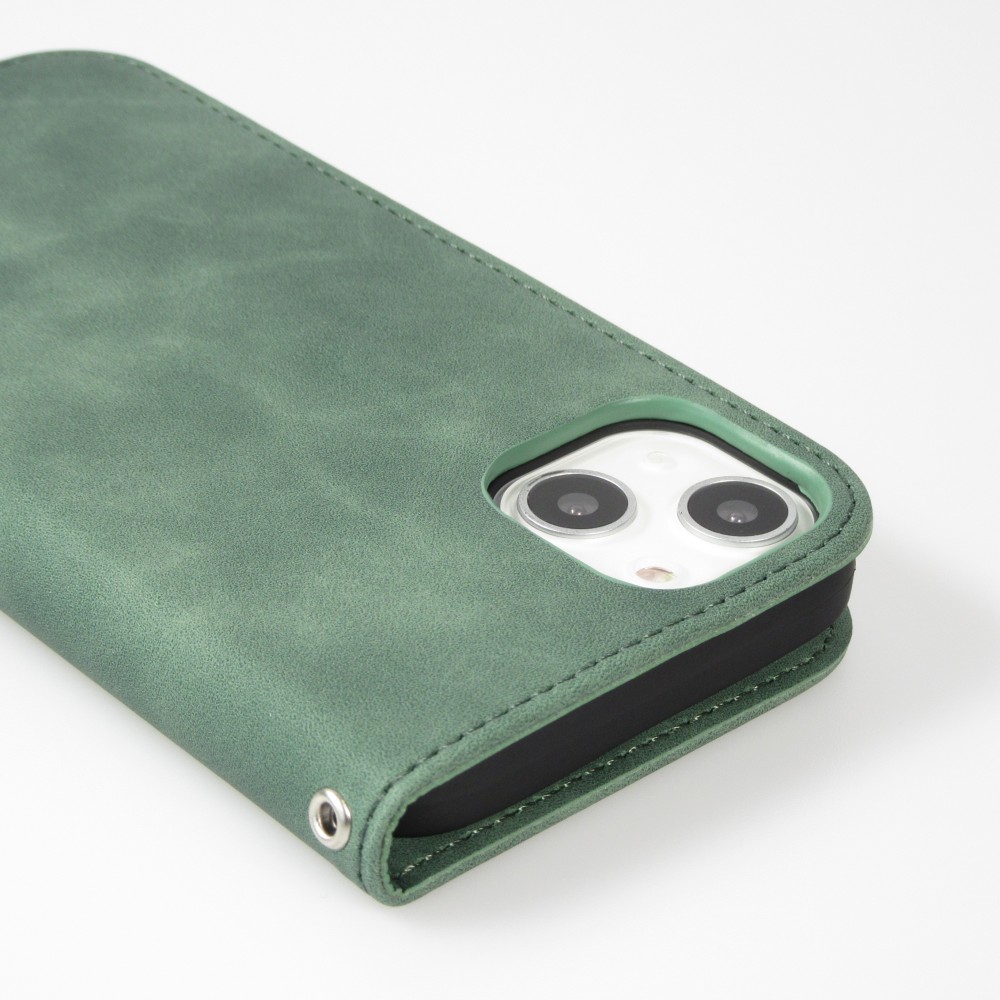 Etui cuir iPhone 13 - Flip Wallet vintage avec fermeture aimantée et compartiment cartes - Vert foncé