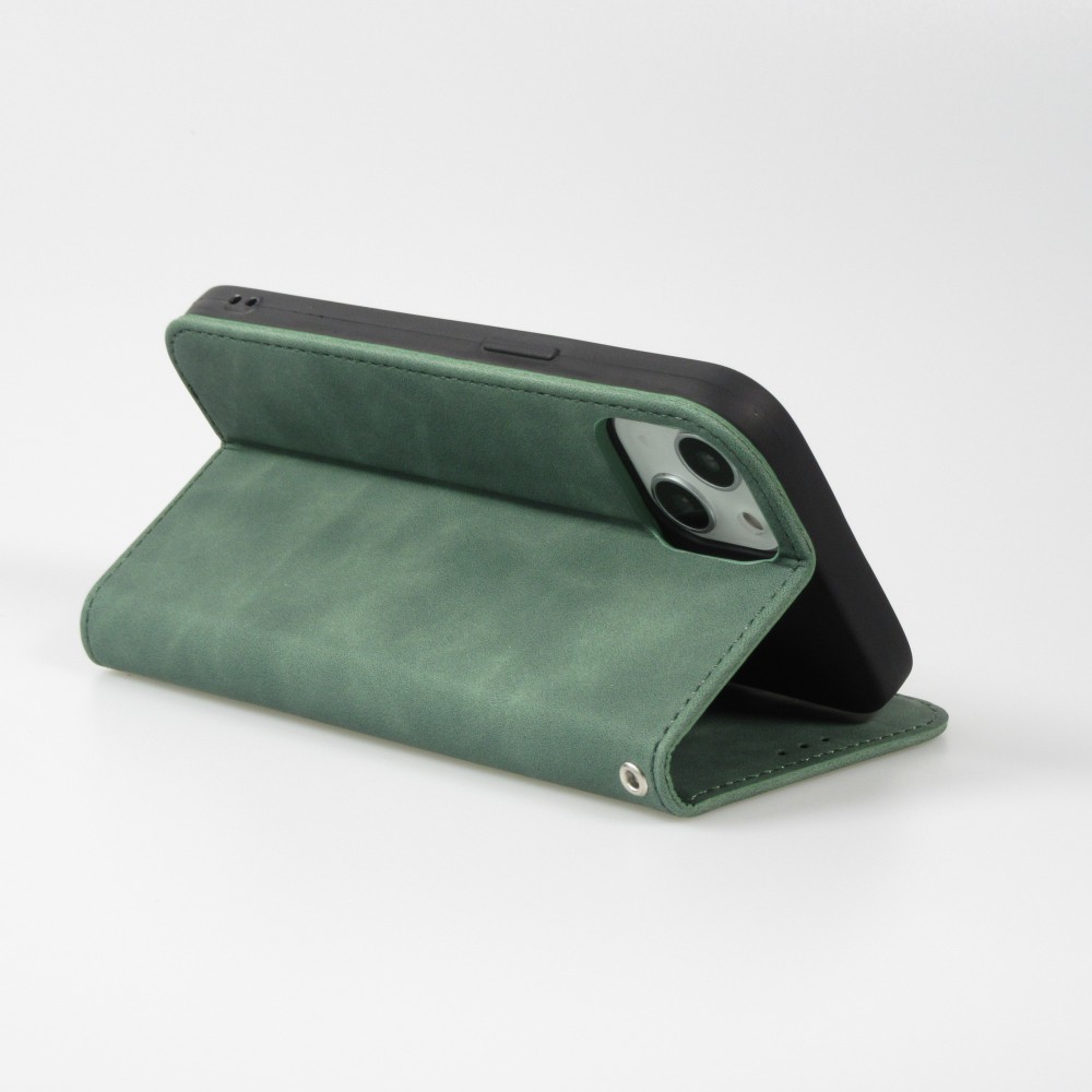 Etui cuir iPhone 13 - Flip Wallet vintage avec fermeture aimantée et compartiment cartes - Vert foncé