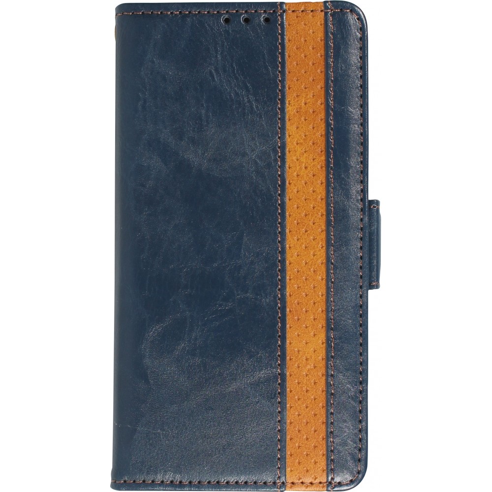 Etui cuir iPhone 13 Pro Max - Flip Wallet en cuir véritable avec stripe design et compartiment à cartes - Bleu