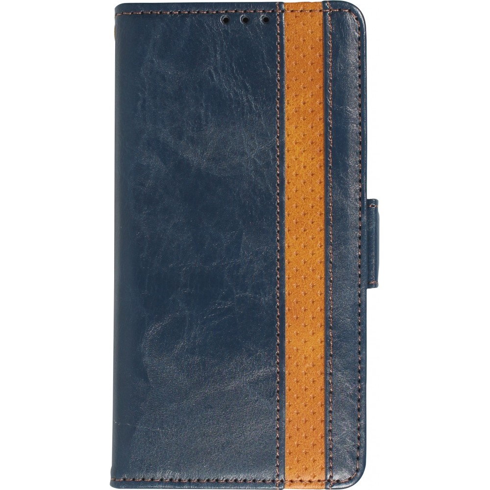 iPhone 13 Pro Max Leder Tasche - Flip Wallet Echtleder mit Akzentstreifen & Kartenhalter - Blau