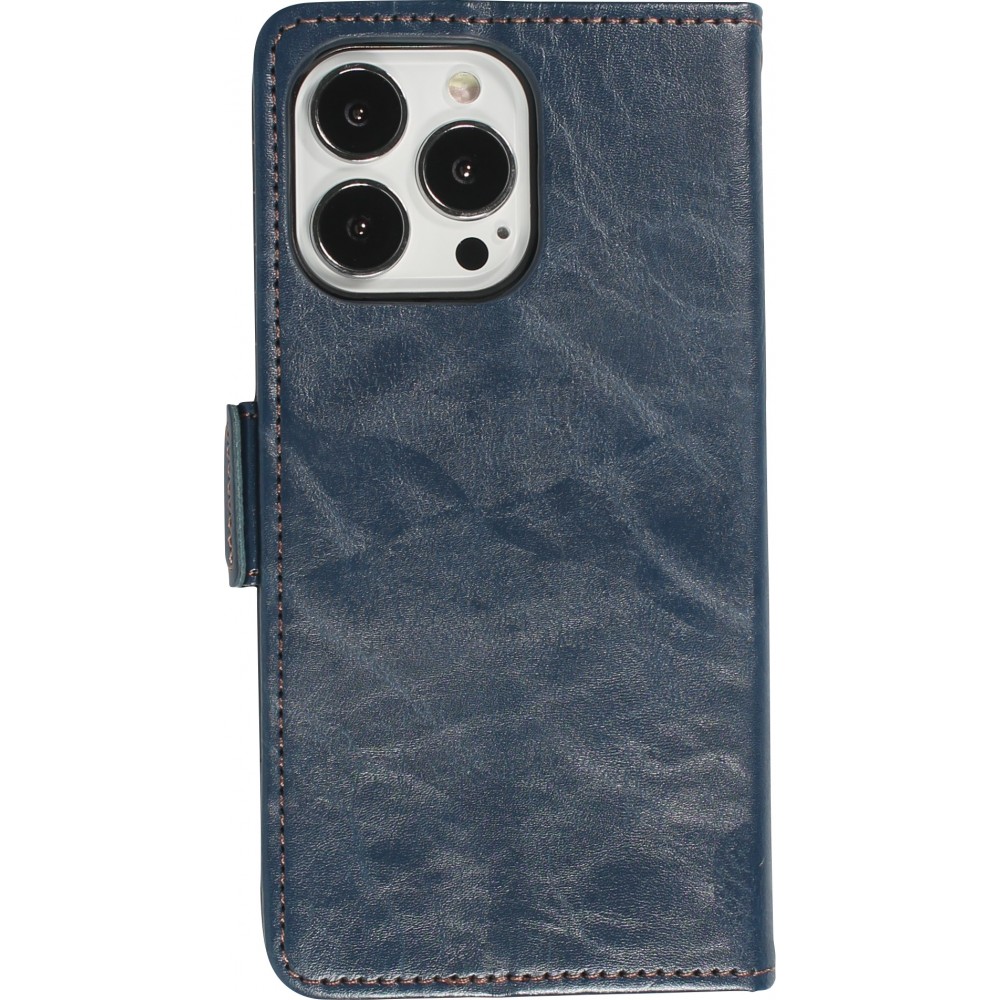 Etui cuir iPhone 13 Pro Max - Flip Wallet en cuir véritable avec stripe design et compartiment à cartes - Bleu