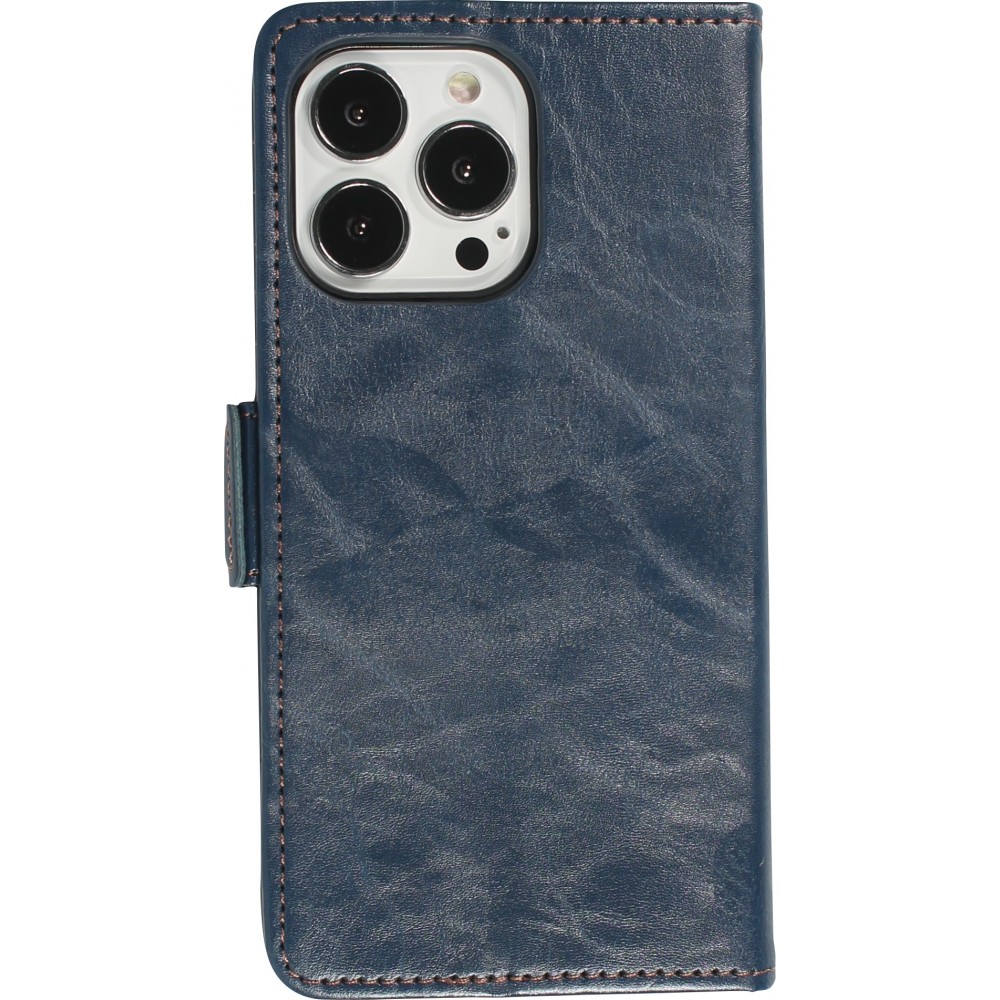 iPhone 13 Pro Max Leder Tasche - Flip Wallet Echtleder mit Akzentstreifen & Kartenhalter - Blau