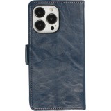 Etui cuir iPhone 13 Pro - Flip Wallet en cuir véritable avec stripe design et compartiment à cartes - Bleu