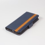 Etui cuir iPhone 13 Pro - Flip Wallet en cuir véritable avec stripe design et compartiment à cartes - Bleu