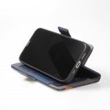 Etui cuir iPhone 13 Pro - Flip Wallet en cuir véritable avec stripe design et compartiment à cartes - Bleu