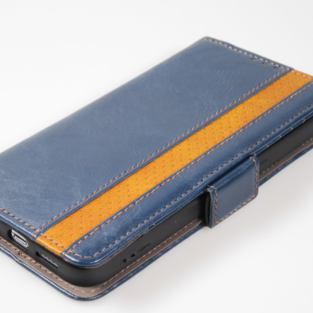 Etui cuir iPhone 13 Pro - Flip Wallet en cuir véritable avec stripe design et compartiment à cartes - Bleu