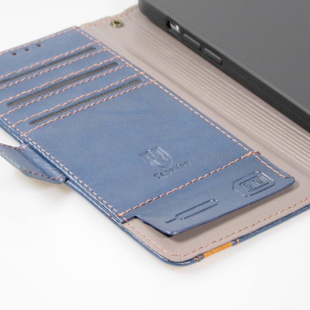 iPhone 13 Pro Max Leder Tasche - Flip Wallet Echtleder mit Akzentstreifen & Kartenhalter - Blau