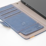 Etui cuir iPhone 13 Pro Max - Flip Wallet en cuir véritable avec stripe design et compartiment à cartes - Bleu