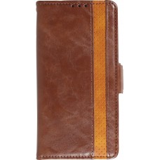 iPhone 13 Pro Leder Tasche - Flip Wallet Echtleder mit Akzentstreifen & Kartenhalter - Dunkel- Braun