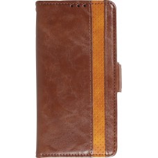 iPhone 13 Pro Max Leder Tasche - Flip Wallet Echtleder mit Akzentstreifen & Kartenhalter - Dunkel- Braun