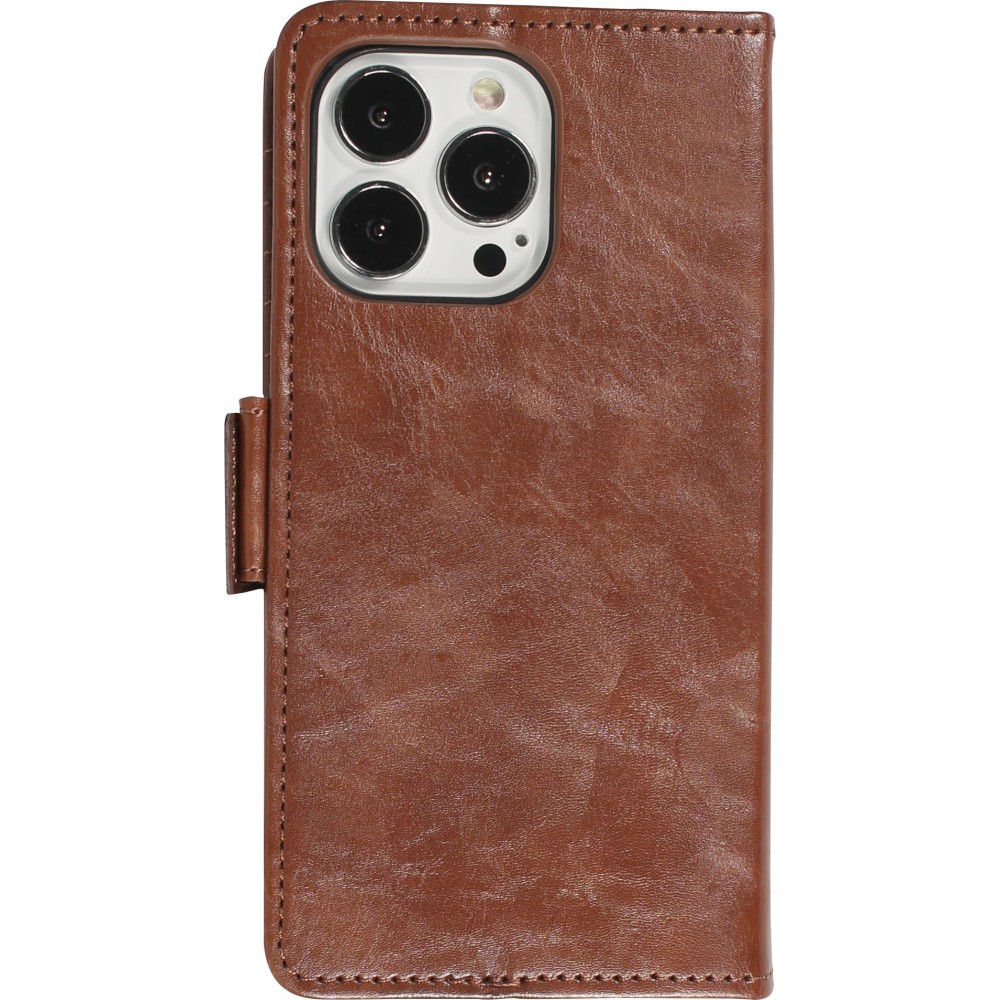Etui cuir iPhone 13 Pro Max - Flip Wallet en cuir véritable avec stripe design et compartiment à cartes - Brun foncé