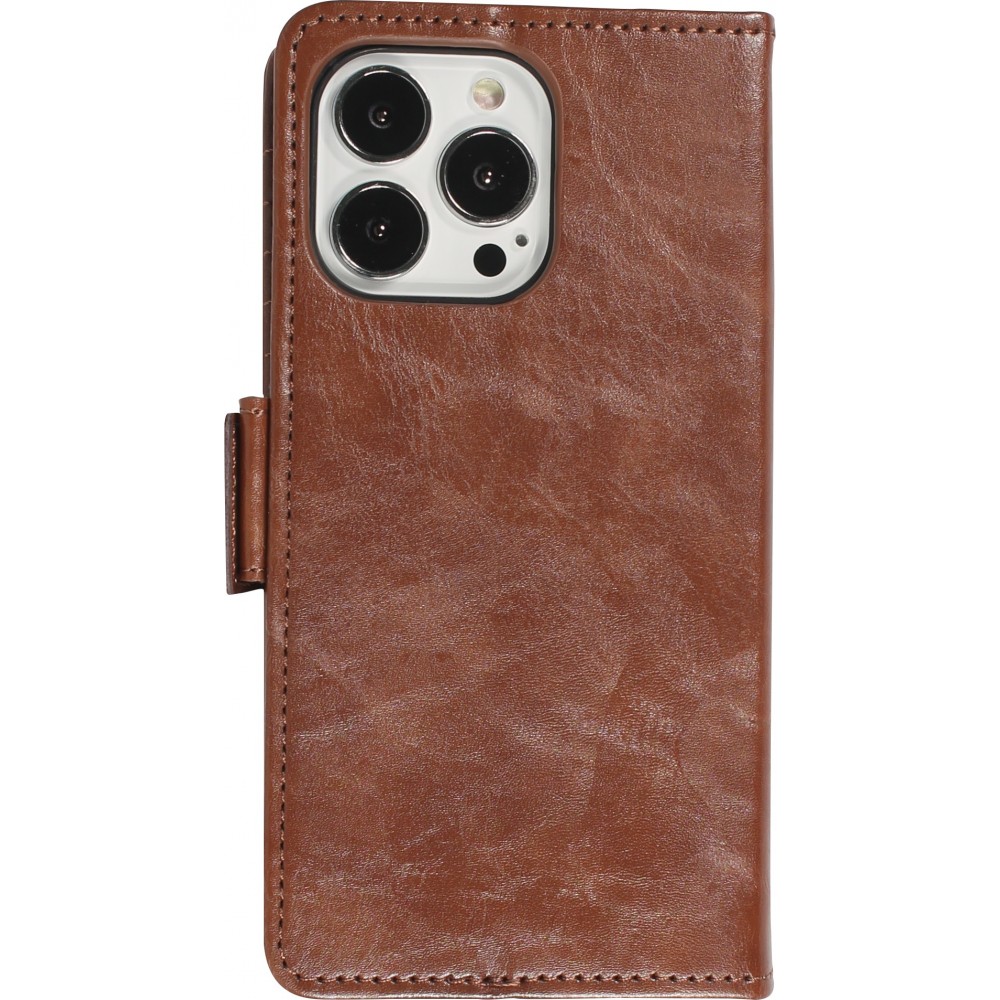 iPhone 13 Pro Max Leder Tasche - Flip Wallet Echtleder mit Akzentstreifen & Kartenhalter - Dunkel- Braun