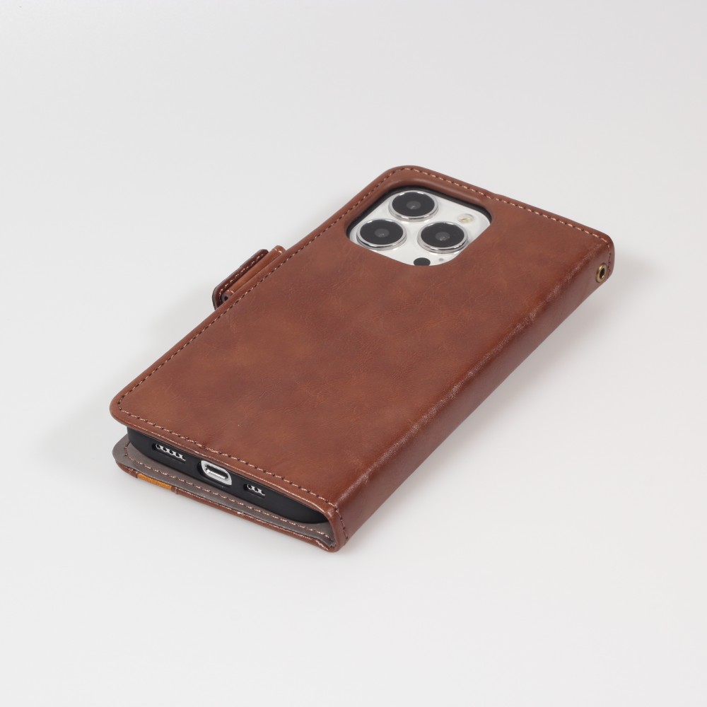 Etui cuir iPhone 13 Pro Max - Flip Wallet en cuir véritable avec stripe design et compartiment à cartes - Brun foncé