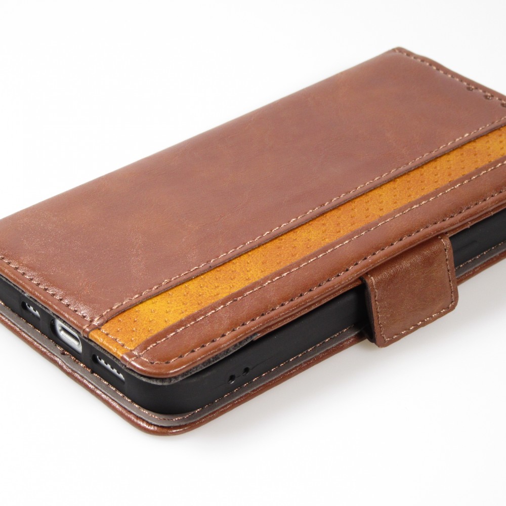 iPhone 13 Pro Max Leder Tasche - Flip Wallet Echtleder mit Akzentstreifen & Kartenhalter - Dunkel- Braun
