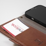 iPhone 13 Pro Leder Tasche - Flip Wallet Echtleder mit Akzentstreifen & Kartenhalter - Dunkel- Braun
