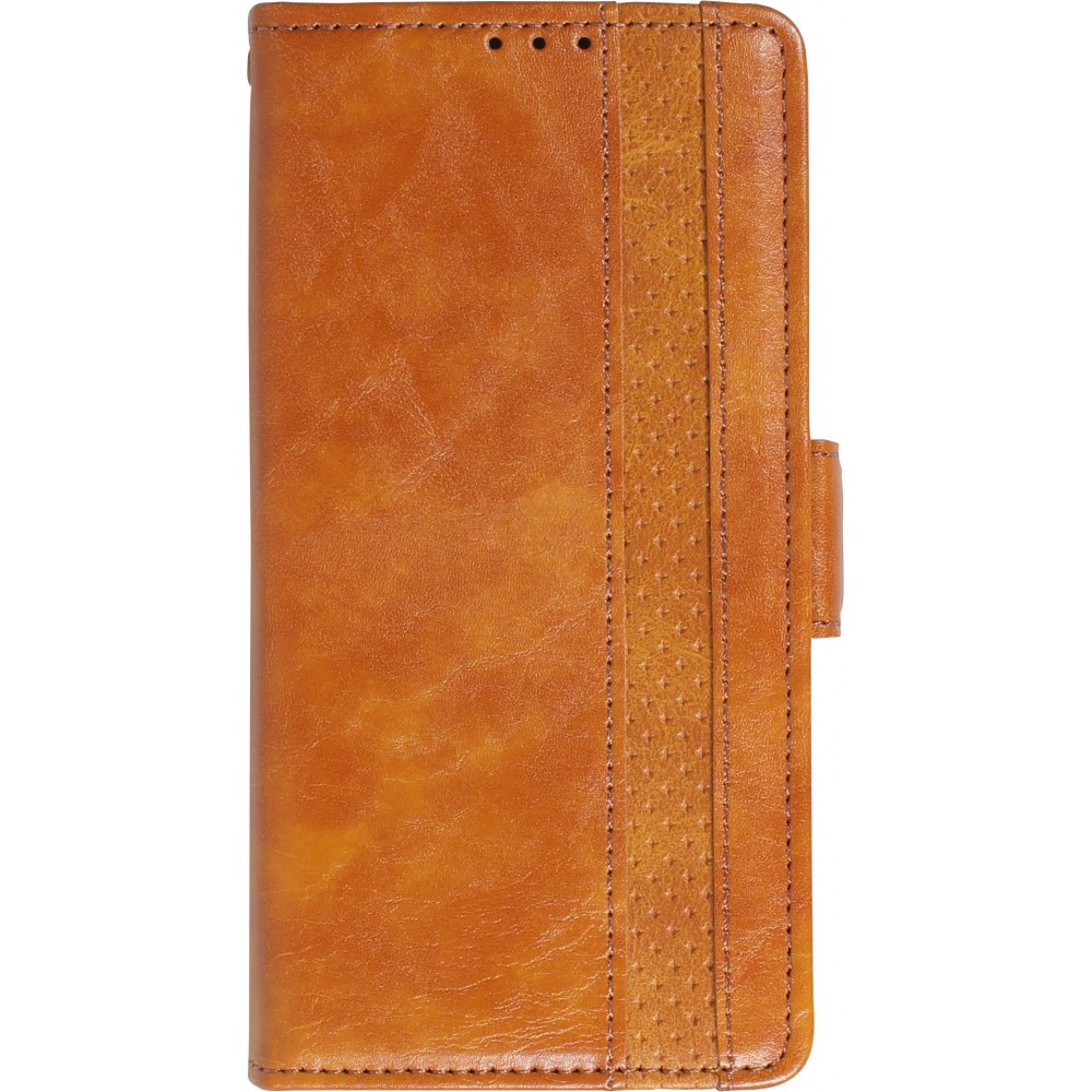 Etui cuir iPhone 13 Pro Max - Flip Wallet en cuir véritable avec stripe design et compartiment à cartes - Brun