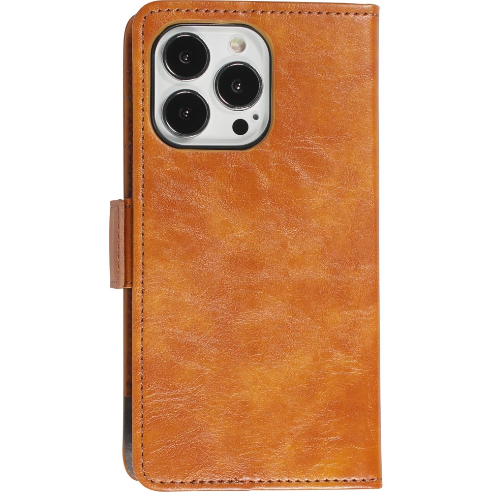 Etui cuir iPhone 13 Pro Max - Flip Wallet en cuir véritable avec stripe design et compartiment à cartes - Brun