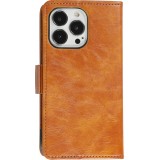 Etui cuir iPhone 13 Pro Max - Flip Wallet en cuir véritable avec stripe design et compartiment à cartes - Brun