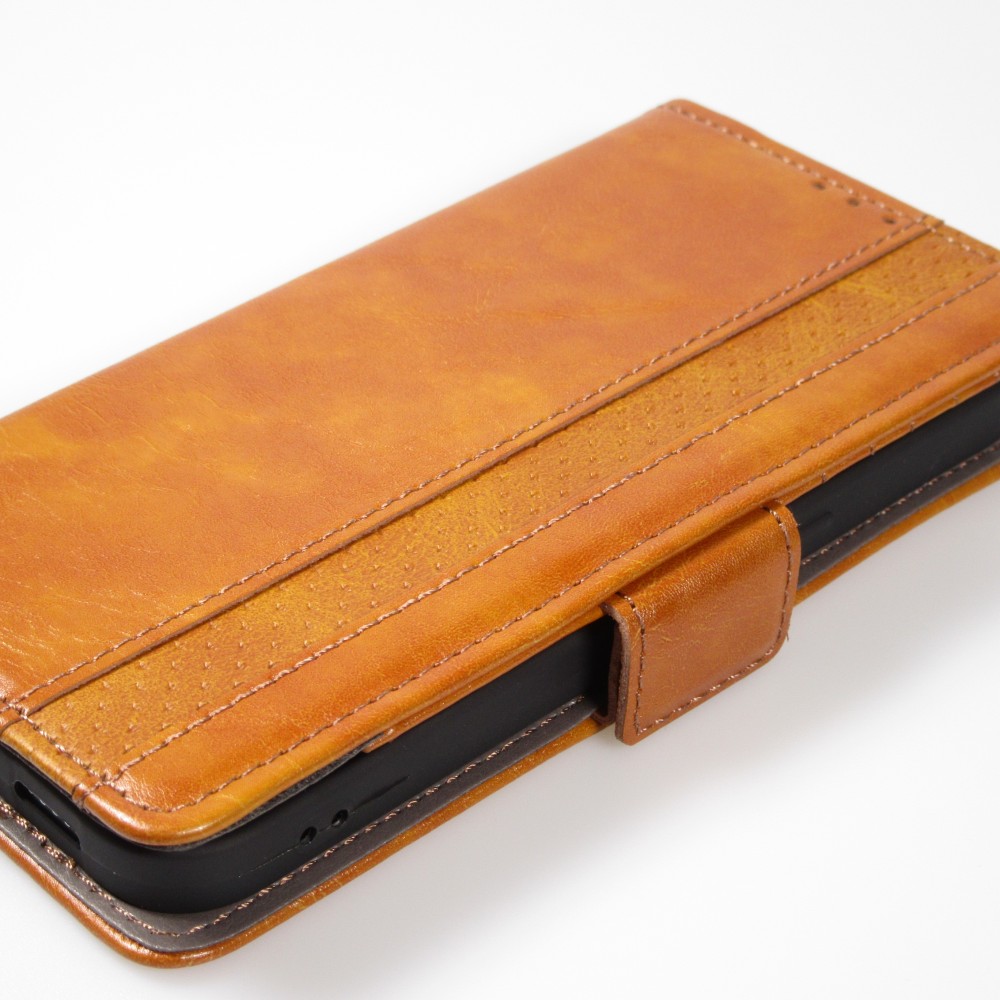 Etui cuir iPhone 13 Pro Max - Flip Wallet en cuir véritable avec stripe design et compartiment à cartes - Brun