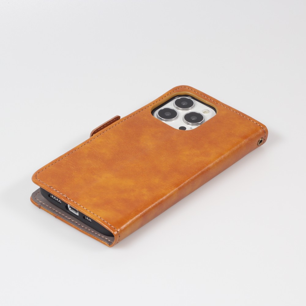 iPhone 13 Pro Max Leder Tasche - Flip Wallet Echtleder mit Akzentstreifen & Kartenhalter - Braun