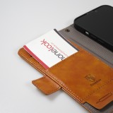 Etui cuir iPhone 13 Pro Max - Flip Wallet en cuir véritable avec stripe design et compartiment à cartes - Brun