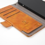 iPhone 13 Pro Max Leder Tasche - Flip Wallet Echtleder mit Akzentstreifen & Kartenhalter - Braun