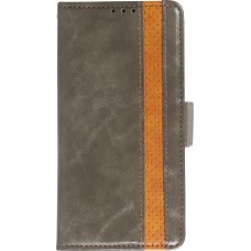 Etui cuir iPhone 13 Pro Max - Flip Wallet en cuir véritable avec stripe design et compartiment à cartes - Gris