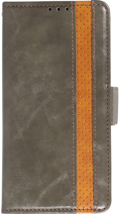 Etui cuir iPhone 13 Pro - Flip Wallet en cuir véritable avec stripe design et compartiment à cartes - Gris
