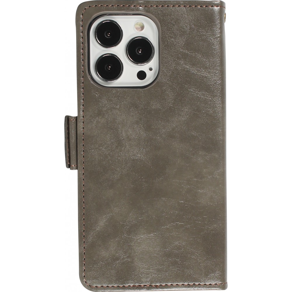 Etui cuir iPhone 13 Pro - Flip Wallet en cuir véritable avec stripe design et compartiment à cartes - Gris