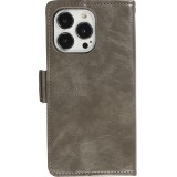 iPhone 13 Pro Max Leder Tasche - Flip Wallet Echtleder mit Akzentstreifen & Kartenhalter - Grau