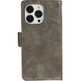 Etui cuir iPhone 13 Pro Max - Flip Wallet en cuir véritable avec stripe design et compartiment à cartes - Gris