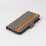 Etui cuir iPhone 13 Pro Max - Flip Wallet en cuir véritable avec stripe design et compartiment à cartes - Gris