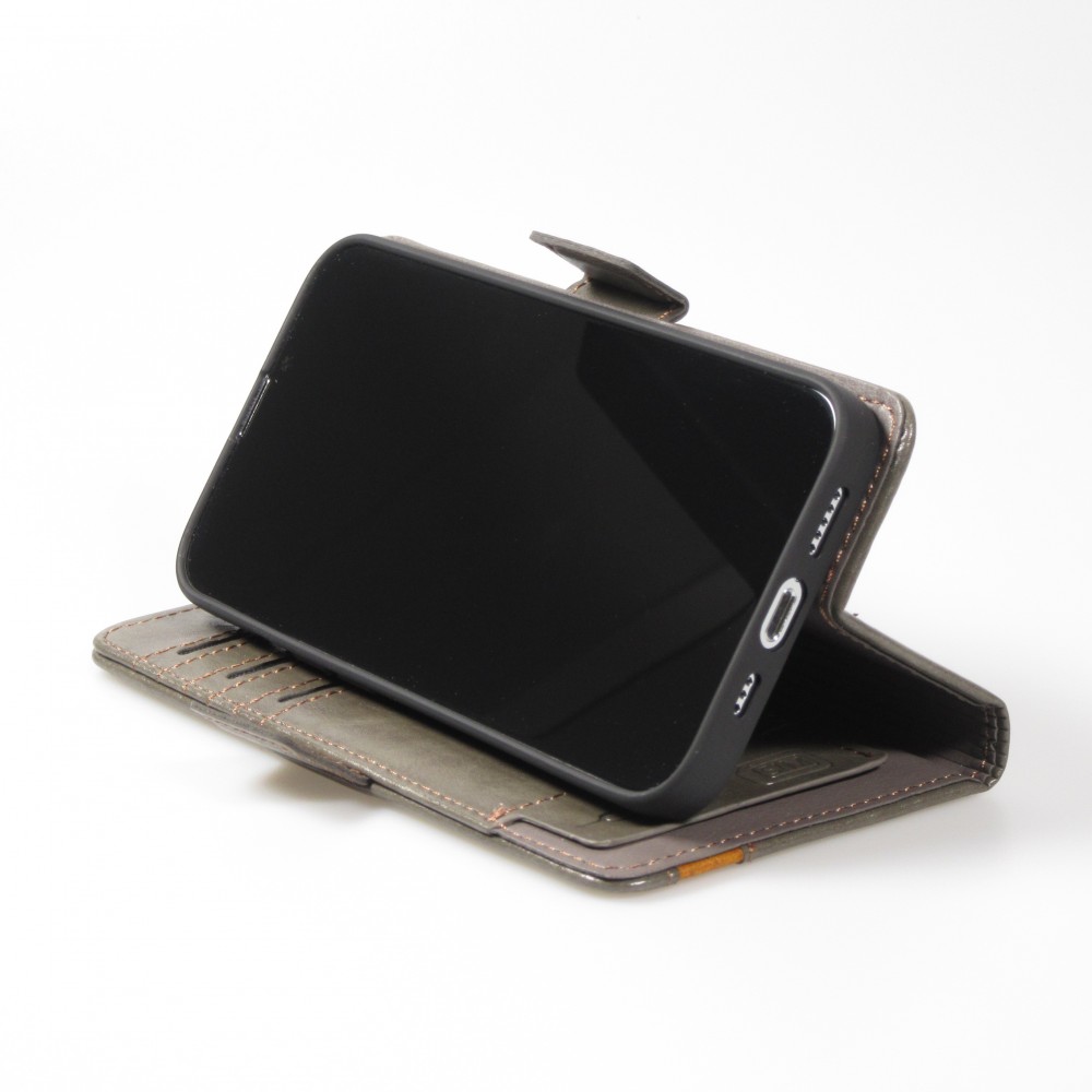 Etui cuir iPhone 13 Pro - Flip Wallet en cuir véritable avec stripe design et compartiment à cartes - Gris