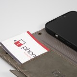 iPhone 13 Pro Max Leder Tasche - Flip Wallet Echtleder mit Akzentstreifen & Kartenhalter - Grau