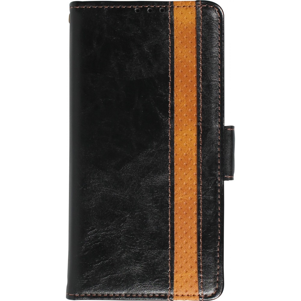 Etui cuir iPhone 13 Pro Max - Flip Wallet en cuir véritable avec stripe design et compartiment à cartes - Noir