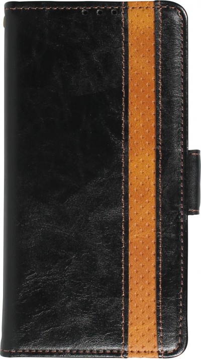 Etui cuir iPhone 13 Pro - Flip Wallet en cuir véritable avec stripe design et compartiment à cartes - Noir