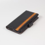 Etui cuir iPhone 13 Pro Max - Flip Wallet en cuir véritable avec stripe design et compartiment à cartes - Noir