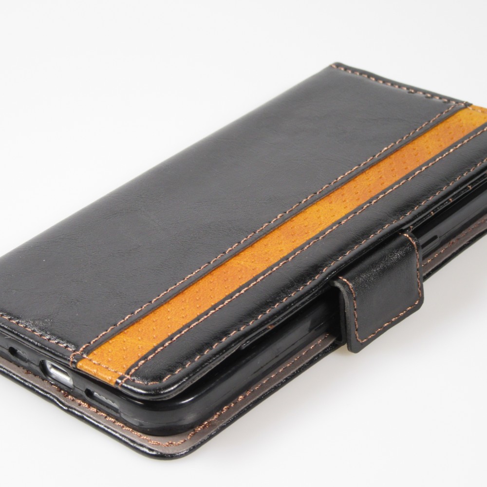iPhone 13 Pro Max Leder Tasche - Flip Wallet Echtleder mit Akzentstreifen & Kartenhalter - Schwarz