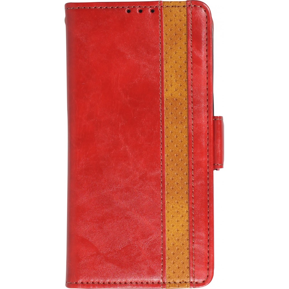 iPhone 13 Pro Max Leder Tasche - Flip Wallet Echtleder mit Akzentstreifen & Kartenhalter - Rot