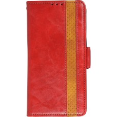 iPhone 13 Pro Leder Tasche - Flip Wallet Echtleder mit Akzentstreifen & Kartenhalter - Rot