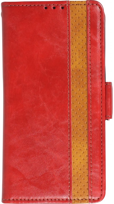 Etui cuir iPhone 13 Pro - Flip Wallet en cuir véritable avec stripe design et compartiment à cartes - Rouge