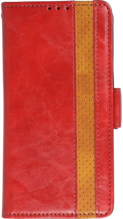 Etui cuir iPhone 13 Pro Max - Flip Wallet en cuir véritable avec stripe design et compartiment à cartes - Rouge