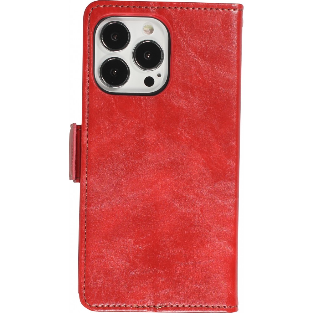 Etui cuir iPhone 13 Pro - Flip Wallet en cuir véritable avec stripe design et compartiment à cartes - Rouge