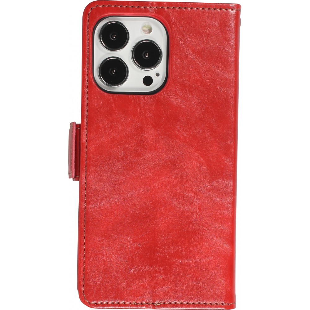 iPhone 13 Pro Max Leder Tasche - Flip Wallet Echtleder mit Akzentstreifen & Kartenhalter - Rot