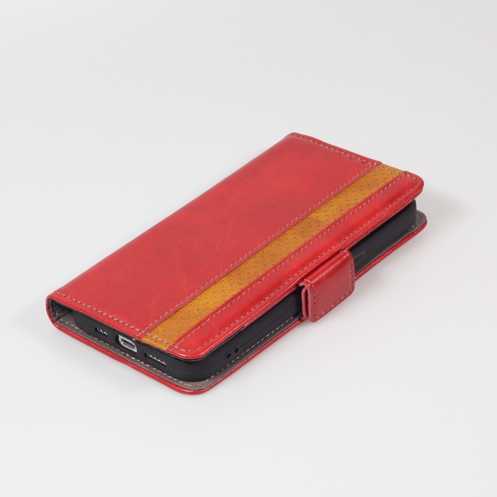 Etui cuir iPhone 13 Pro Max - Flip Wallet en cuir véritable avec stripe design et compartiment à cartes - Rouge