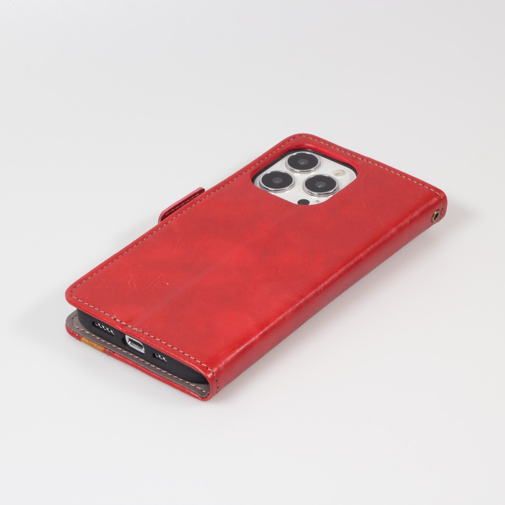 Etui cuir iPhone 13 Pro - Flip Wallet en cuir véritable avec stripe design et compartiment à cartes - Rouge