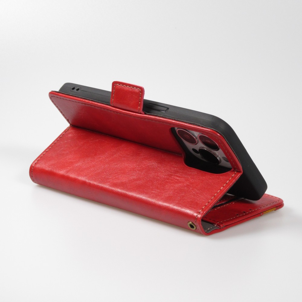 iPhone 13 Pro Leder Tasche - Flip Wallet Echtleder mit Akzentstreifen & Kartenhalter - Rot